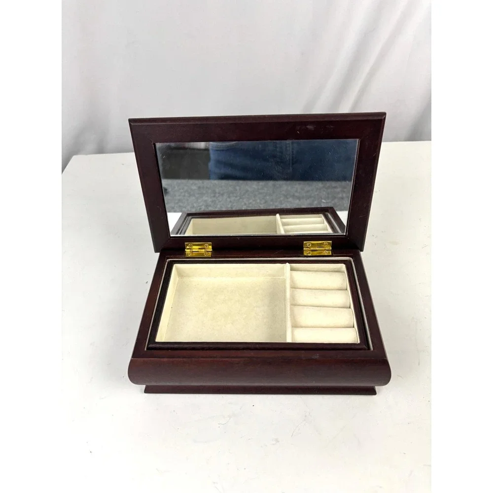 Vintage Wooden Jewelry Box Floral Tapestry Top Mirror‎ Vanity Keepsake Box
